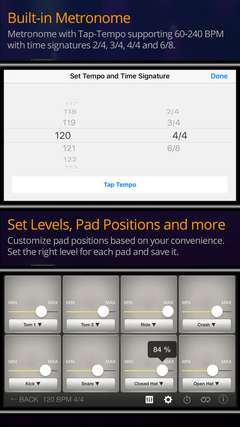 Metronome with tap-tempo supporting 60-240 BPM with 2/4, 3/4, 4/4 and 6/8 time signatures.